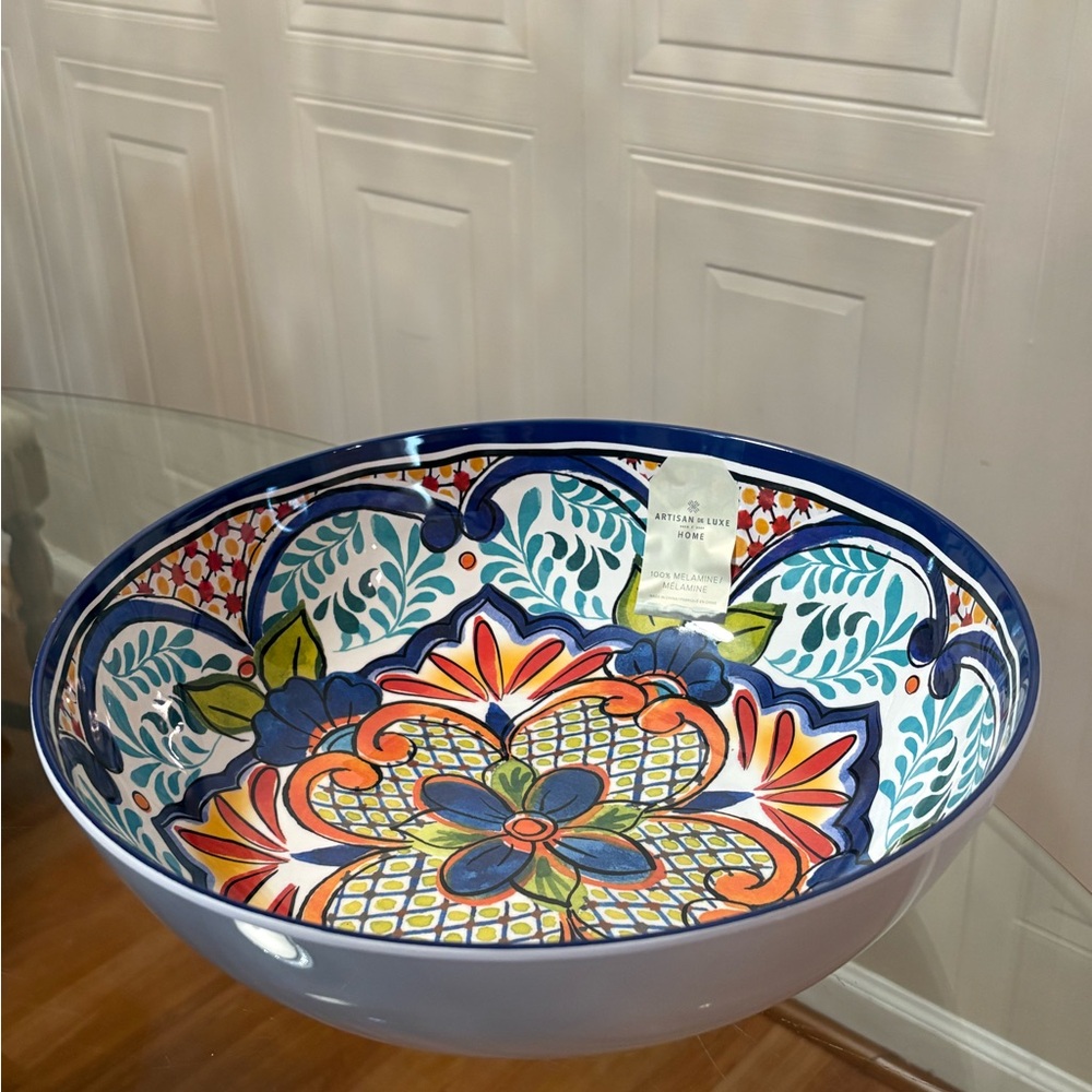 ARTISAN De LUXE Home Spanish Floral Tile SALAD Serving BOWL MELAMINE 12”L 3.5”D - Picture 2 of 6